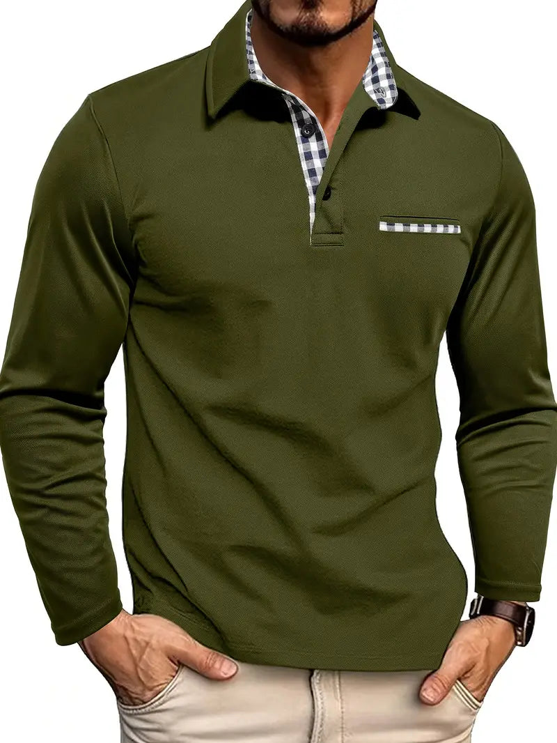 Heren piquéshirt met lange mouwen — klassiek wintermodel van katoen met kraag en knoopsluiting