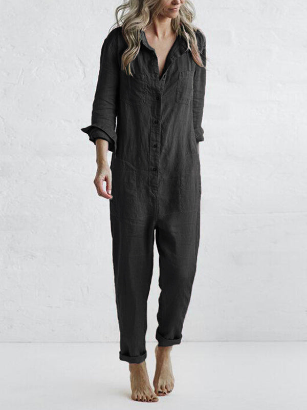 Damesjumpsuit, lange mouwen — katoenen jumpsuit met knoopsluiting en zakken