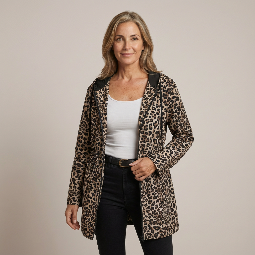 Dames omkeerbare jas — zachte katoenmix met capuchon en luipaardprint