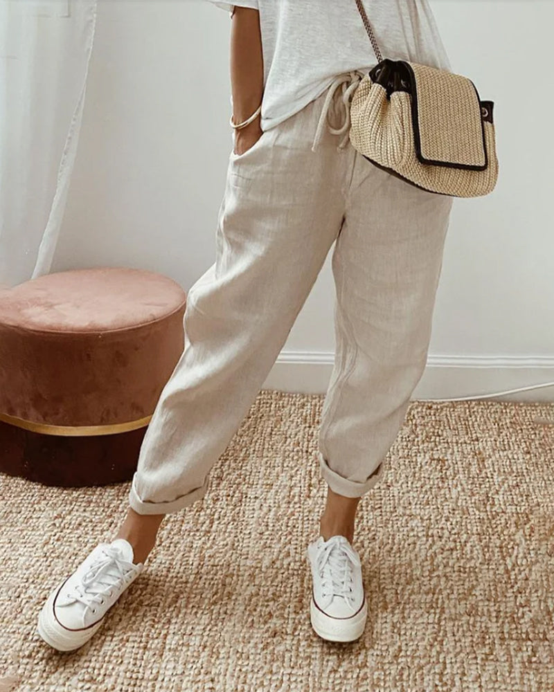 Tapered damesbroek — casual linnen broek met trekkoord en hoge taille