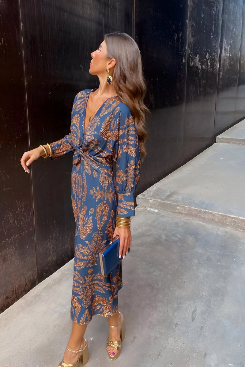 Bloemenprint midi-jurk voor dames — feestelijke jurk met lange mouwen en twistdetail