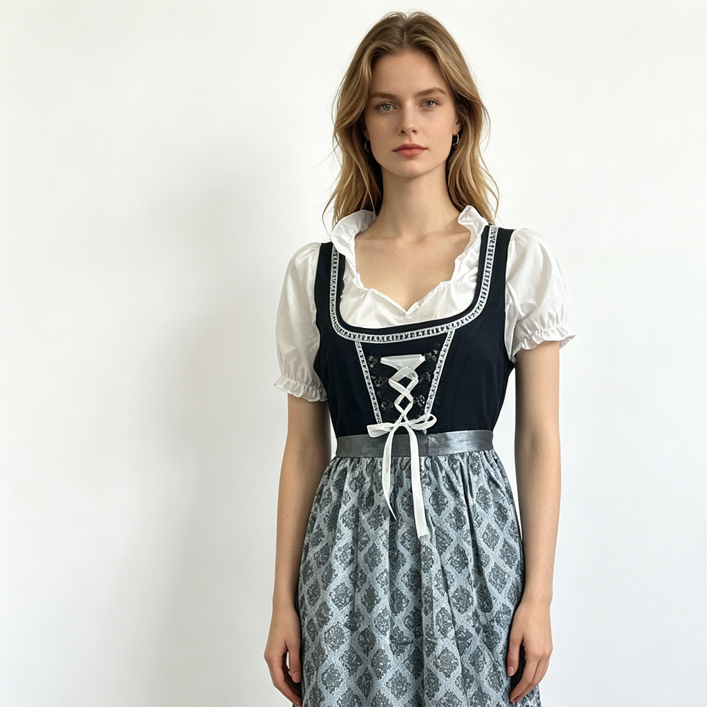 Dirndl dames met schort — elegante Oktoberfestjurk in blauw en grijs