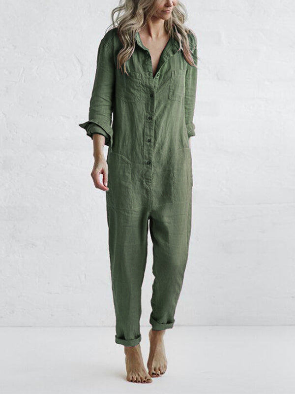Damesjumpsuit, lange mouwen — katoenen jumpsuit met knoopsluiting en zakken