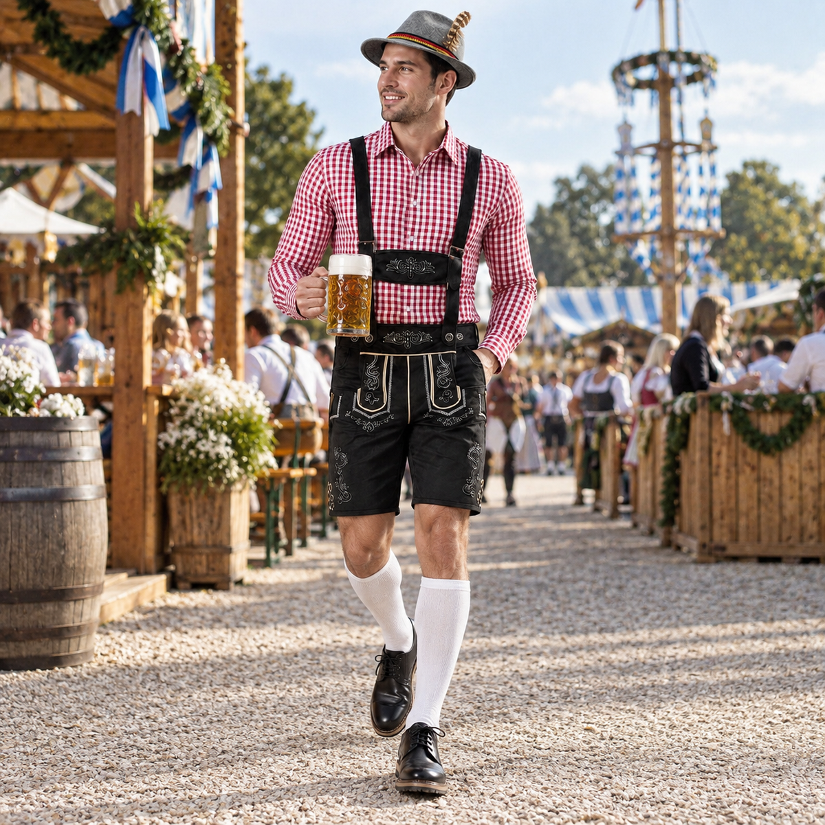 Heren trachtenset — lederhosen en geruit overhemd voor Oktoberfest