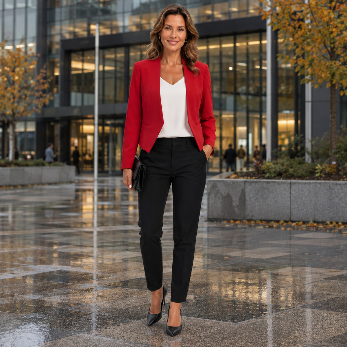 Damesblazer, kort model — getailleerde kantoorblazer met open voorkant