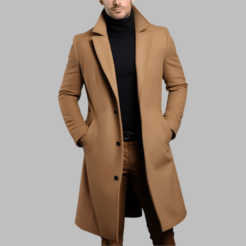 Kappa voor heren, lang — elegante wollen mantel met knopen en zijzakken