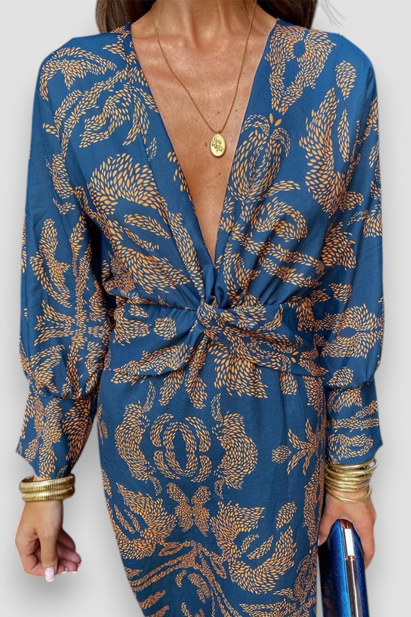 Bloemenprint midi-jurk voor dames — feestelijke jurk met lange mouwen en twistdetail
