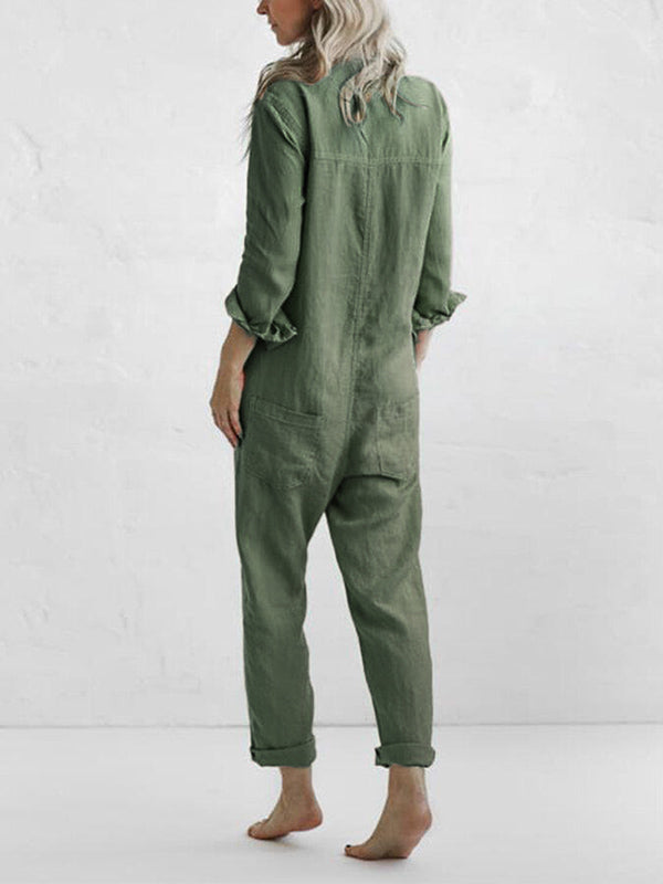 Damesjumpsuit, lange mouwen — katoenen jumpsuit met knoopsluiting en zakken