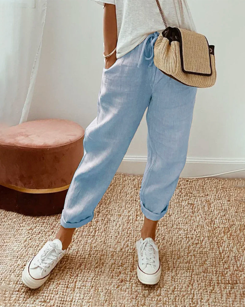 Tapered damesbroek — casual linnen broek met trekkoord en hoge taille