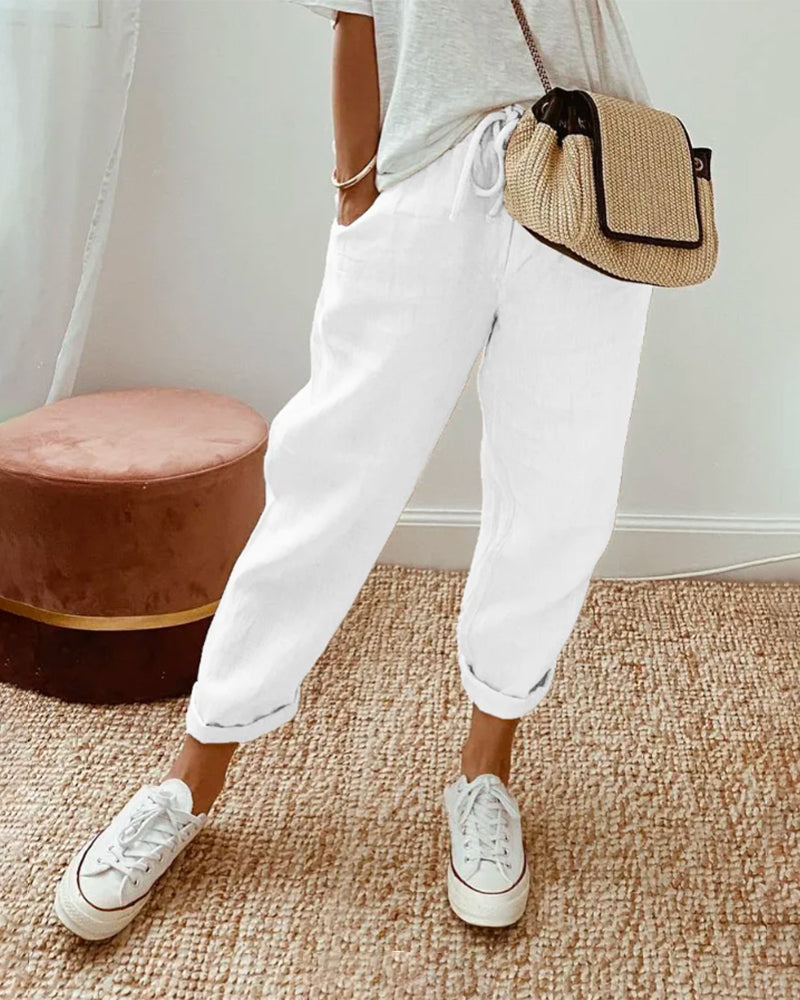 Tapered damesbroek — casual linnen broek met trekkoord en hoge taille