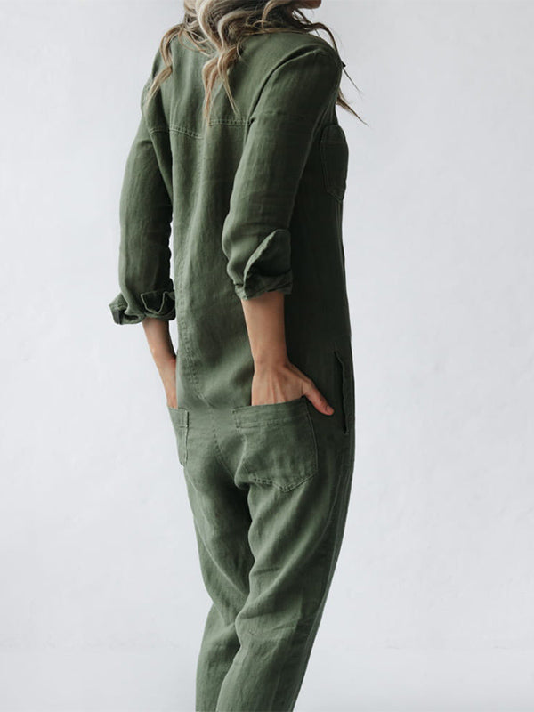 Damesjumpsuit, lange mouwen — katoenen jumpsuit met knoopsluiting en zakken