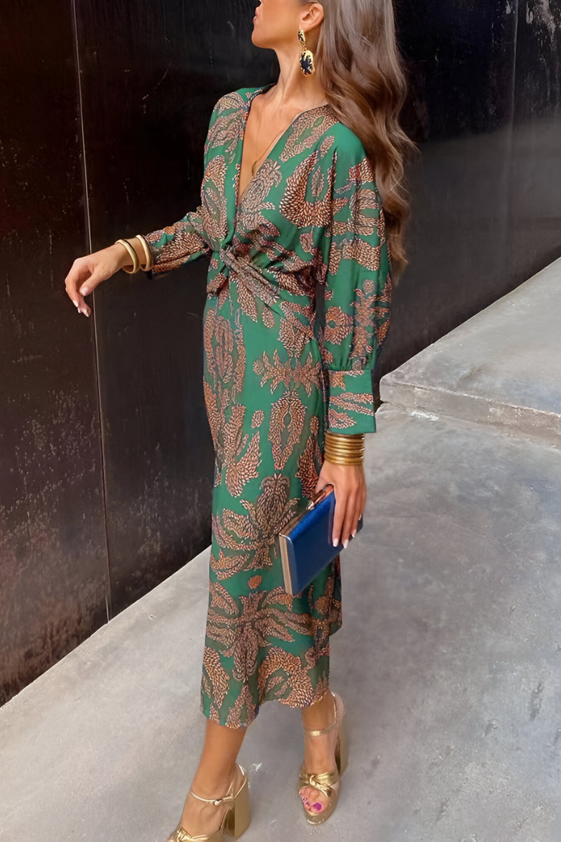 Bloemenprint midi-jurk voor dames — feestelijke jurk met lange mouwen en twistdetail