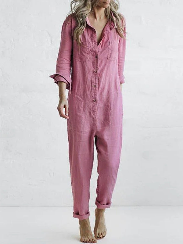 Damesjumpsuit, lange mouwen — katoenen jumpsuit met knoopsluiting en zakken