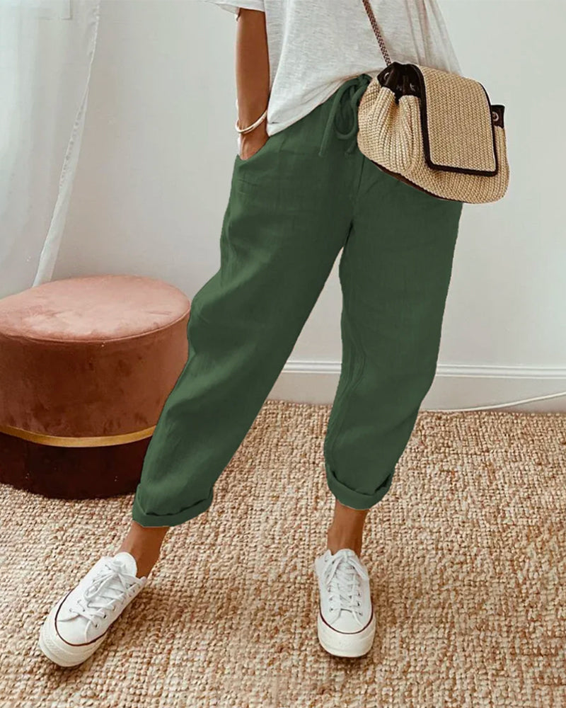 Tapered damesbroek — casual linnen broek met trekkoord en hoge taille