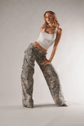 Cargo broek dames, wijd — lage taille met utility-zakken van katoen