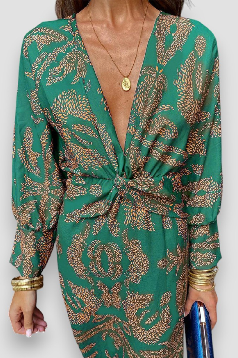 Bloemenprint midi-jurk voor dames — feestelijke jurk met lange mouwen en twistdetail