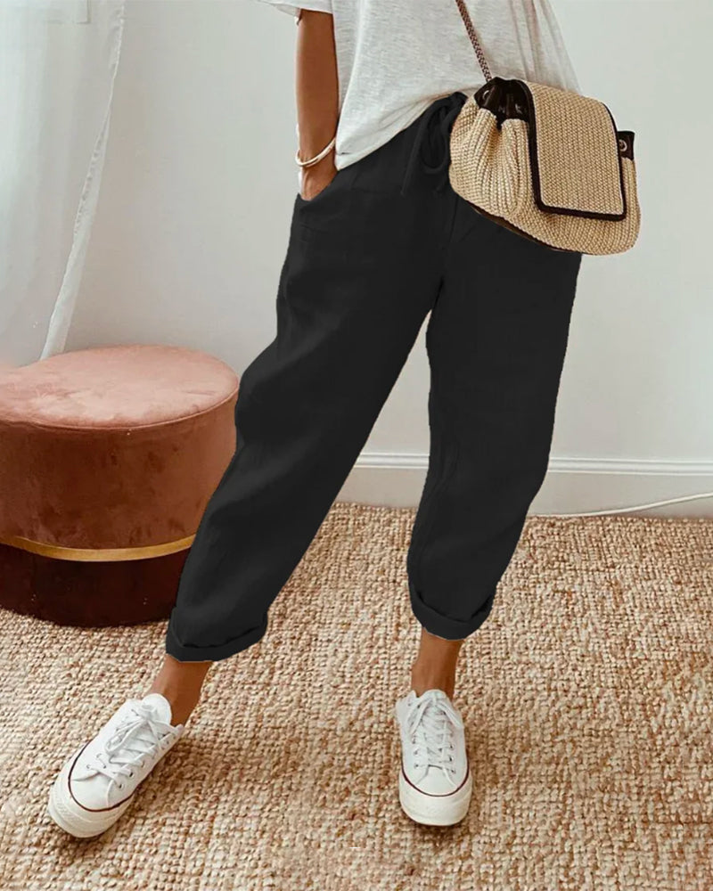 Tapered damesbroek — casual linnen broek met trekkoord en hoge taille