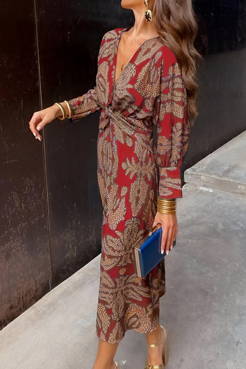 Bloemenprint midi-jurk voor dames — feestelijke jurk met lange mouwen en twistdetail