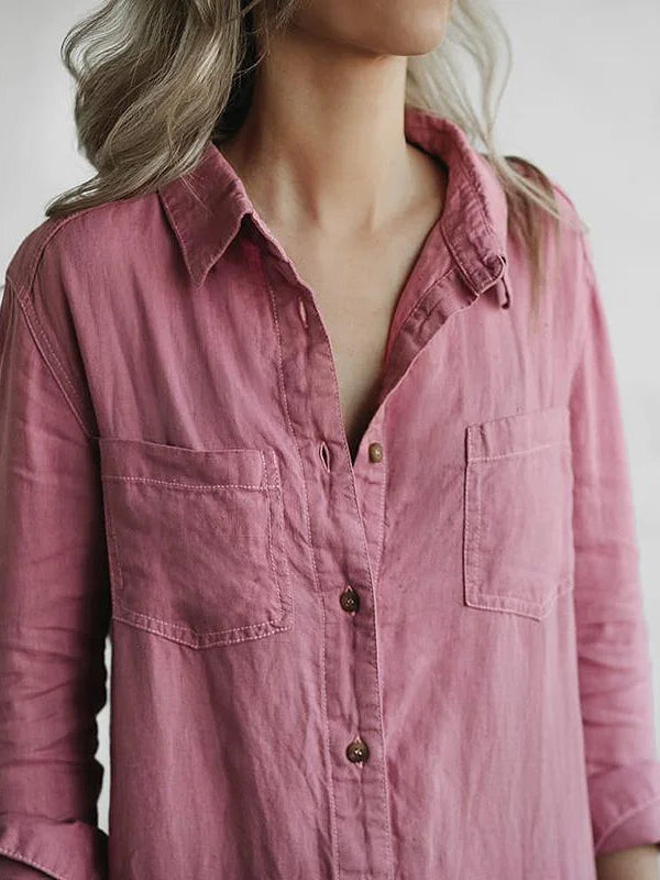 Damesjumpsuit, lange mouwen — katoenen jumpsuit met knoopsluiting en zakken