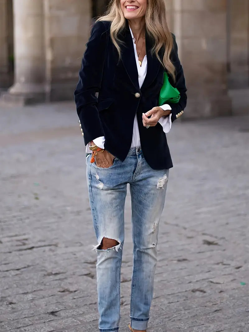 Damesblazer, klassiek — getailleerde linnen blazer met revers en één knoop