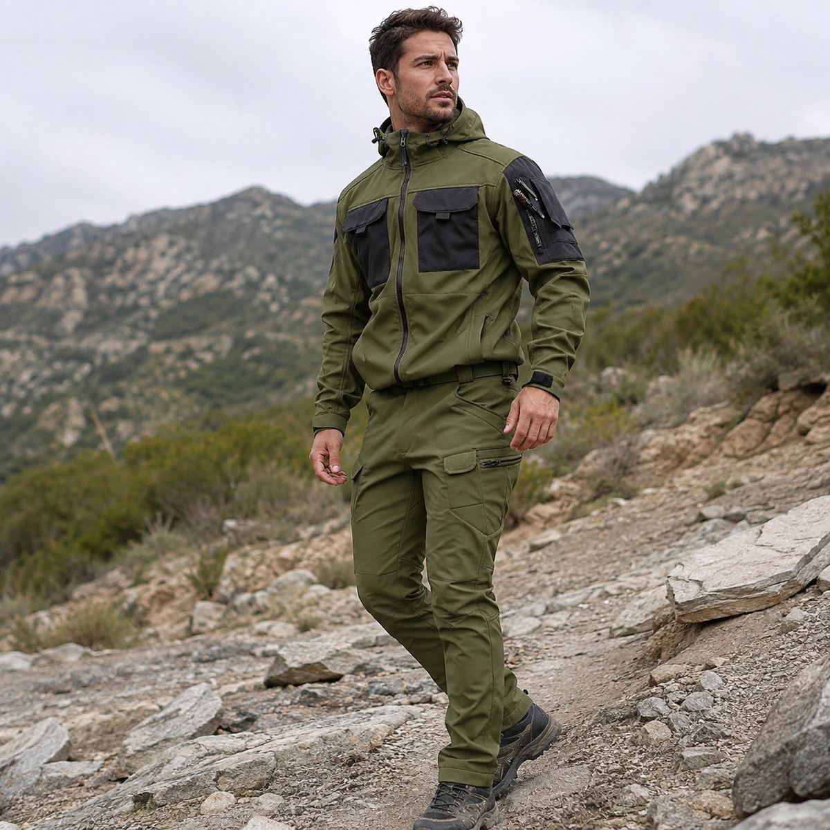 Heren outdoor set van softshell — wind- en waterdichte jas en broek