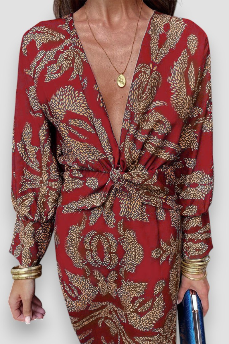Bloemenprint midi-jurk voor dames — feestelijke jurk met lange mouwen en twistdetail
