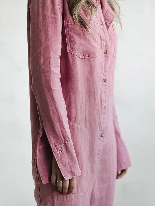 Damesjumpsuit, lange mouwen — katoenen jumpsuit met knoopsluiting en zakken