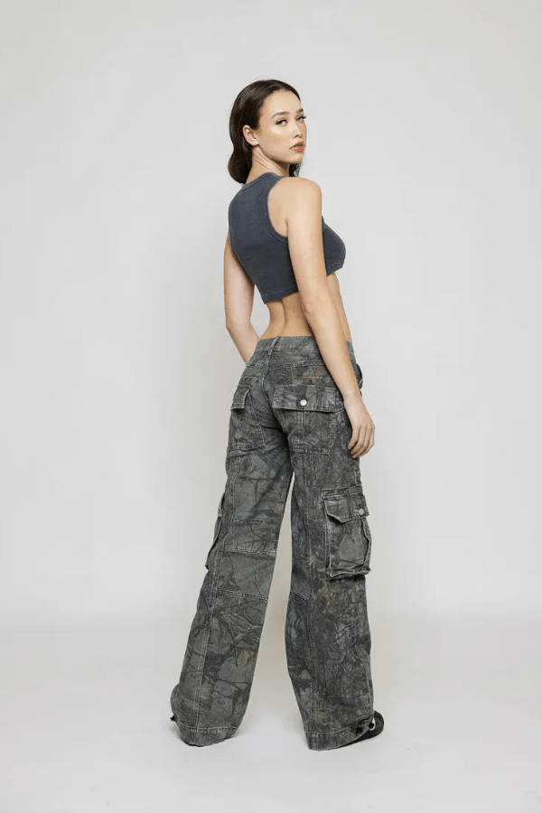 Cargo broek dames, wijd — lage taille met utility-zakken van katoen