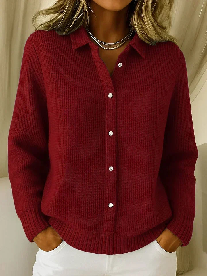 Dames gebreid vest — elegante lange cardigan van acryl met knoopsluiting