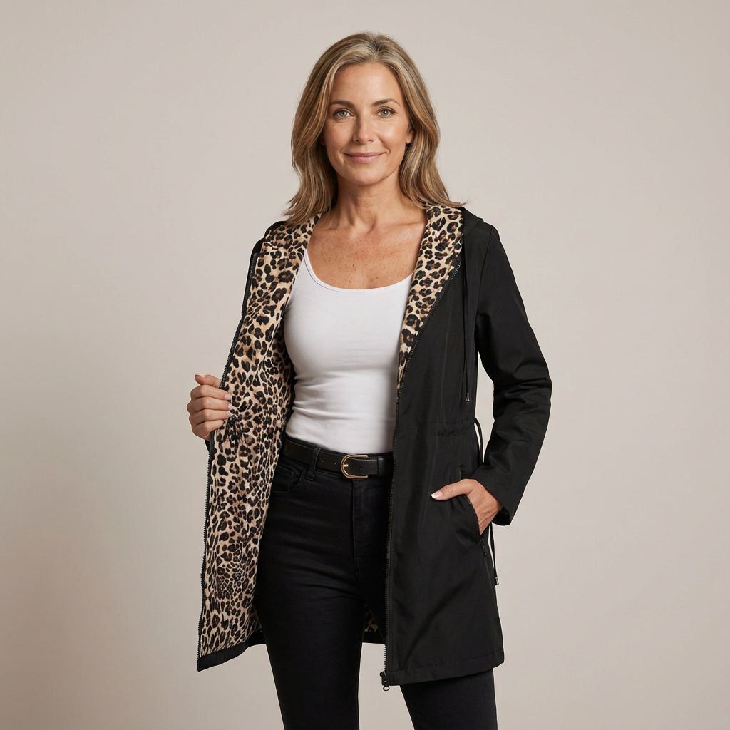 Dames omkeerbare jas — zachte katoenmix met capuchon en luipaardprint