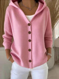 Dames gebreid vest met capuchon — cardigan van acryl met knopen