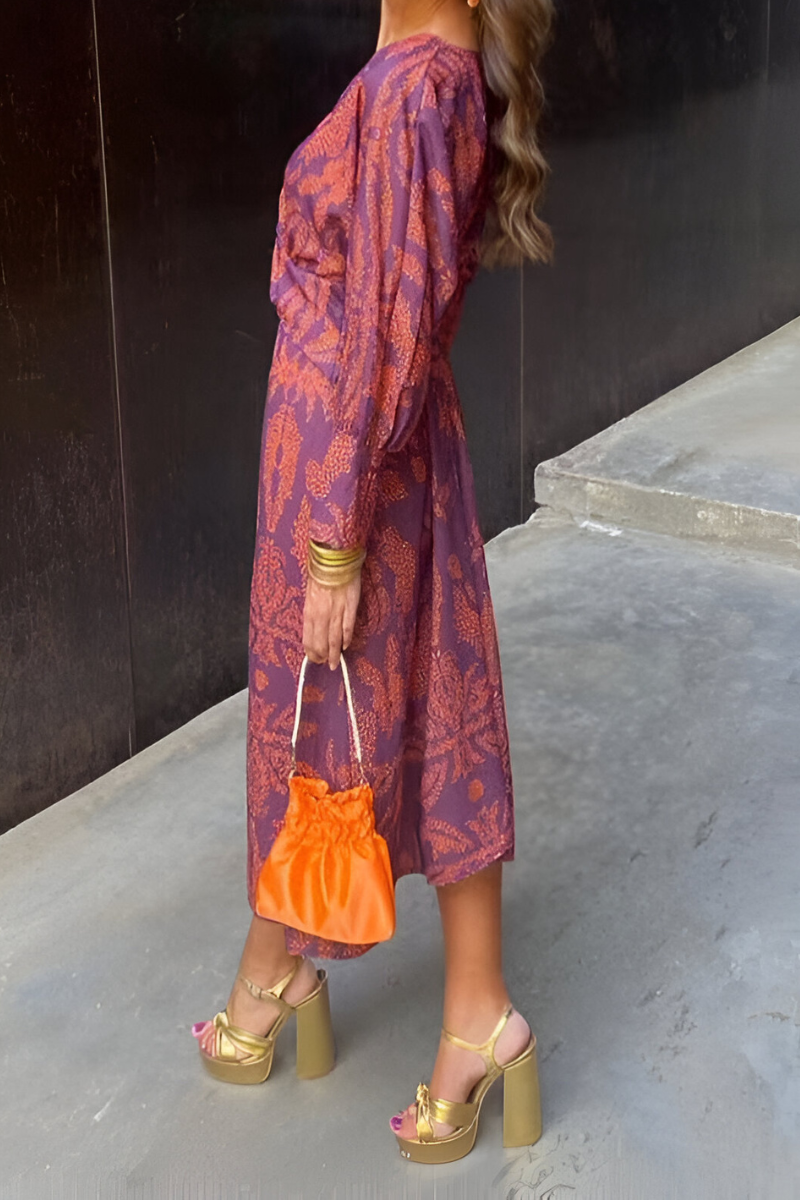 Bloemenprint midi-jurk voor dames — feestelijke jurk met lange mouwen en twistdetail