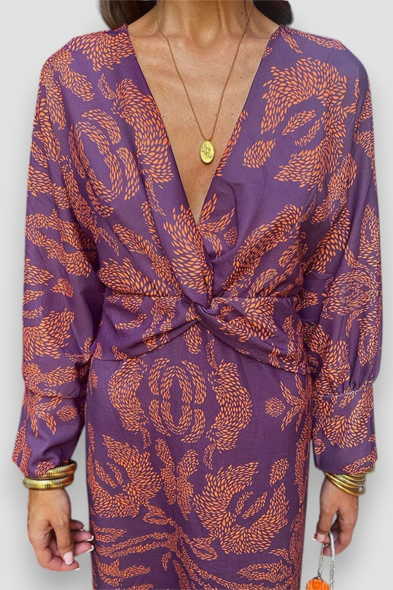 Bloemenprint midi-jurk voor dames — feestelijke jurk met lange mouwen en twistdetail