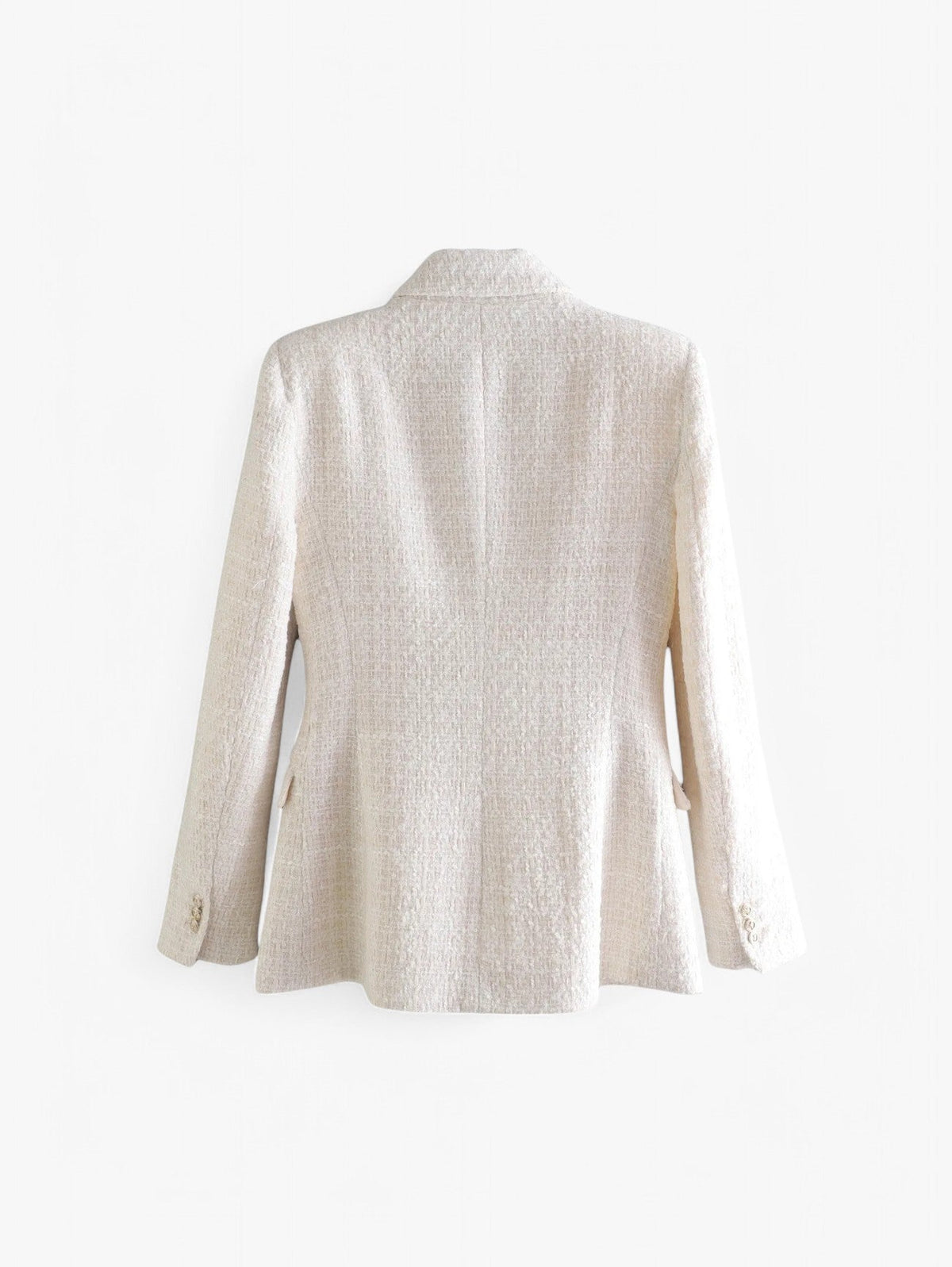 Getailleerde tweedblazer voor dames — heuplange blazer met gouden knopen