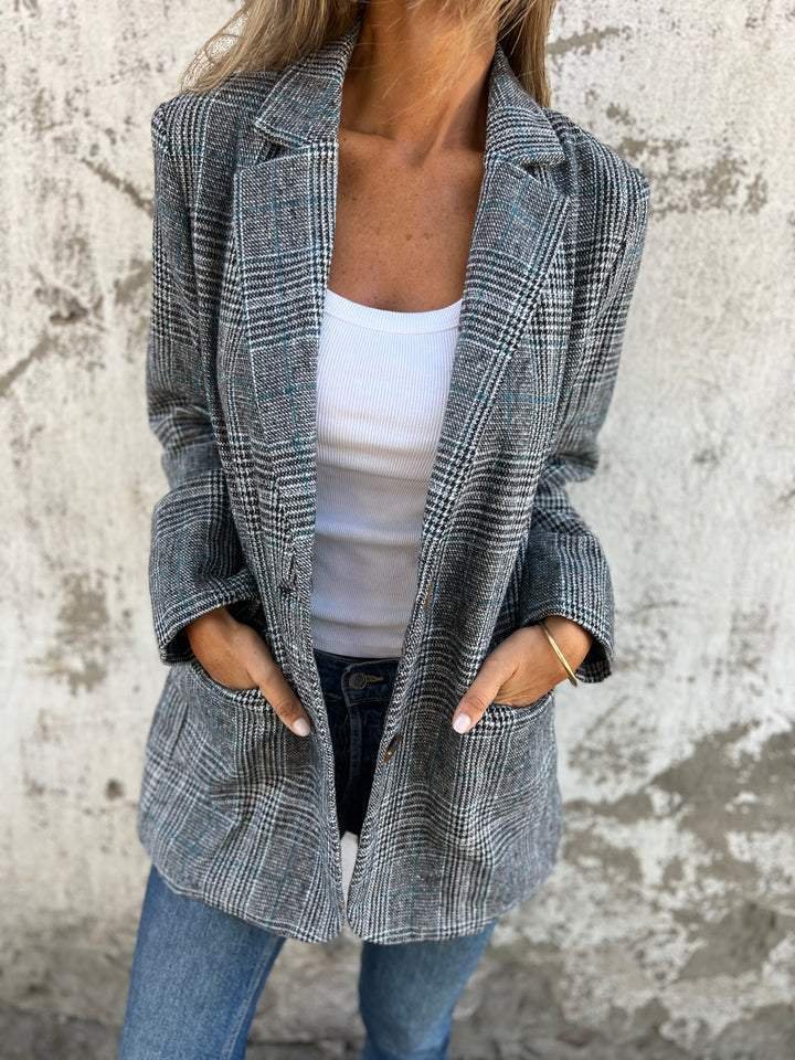 Damesblazer, geruit — elegante linnen blazer voor herfst en winter