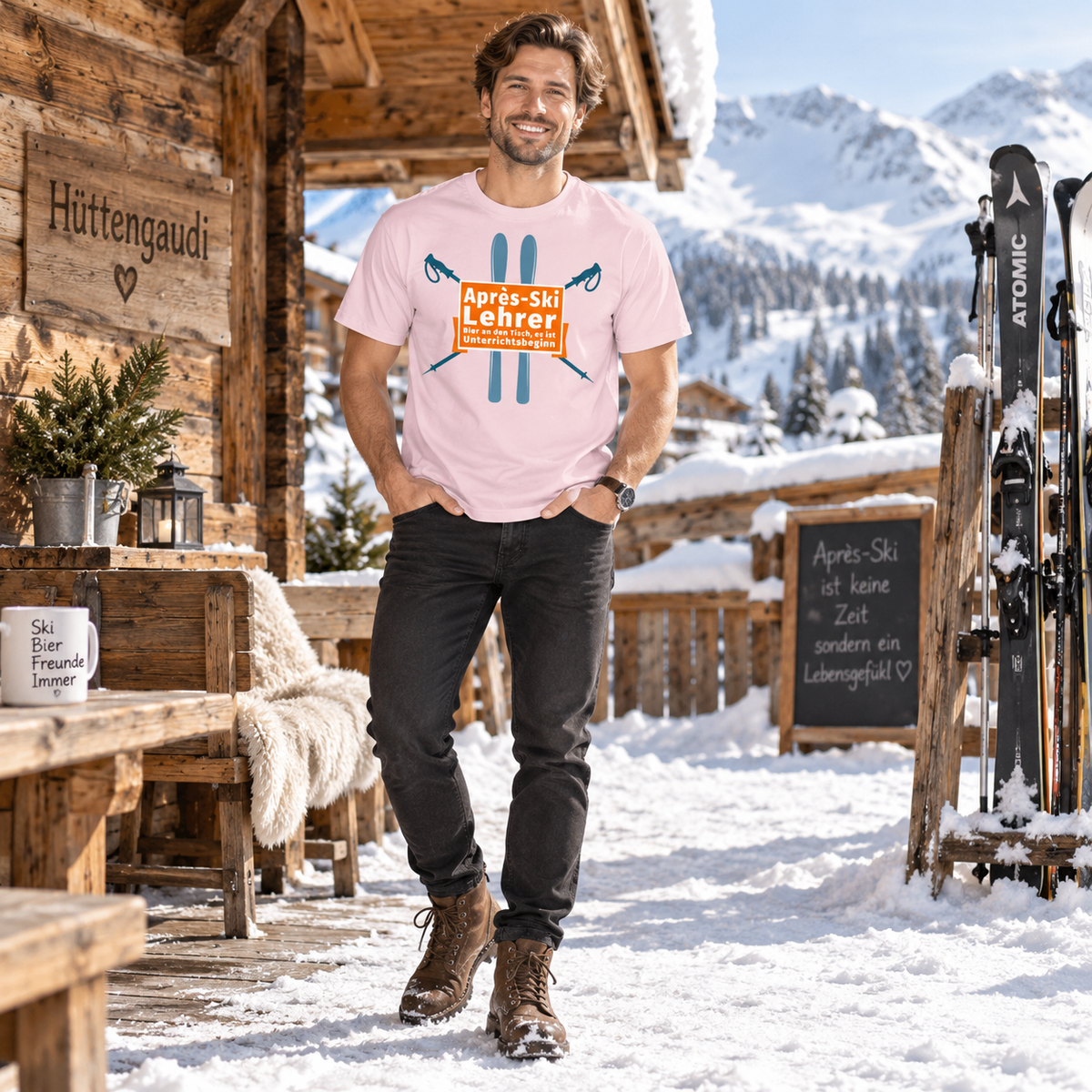 Après-ski T-shirt heren — T-shirt met korte mouwen en een leuke skiprint