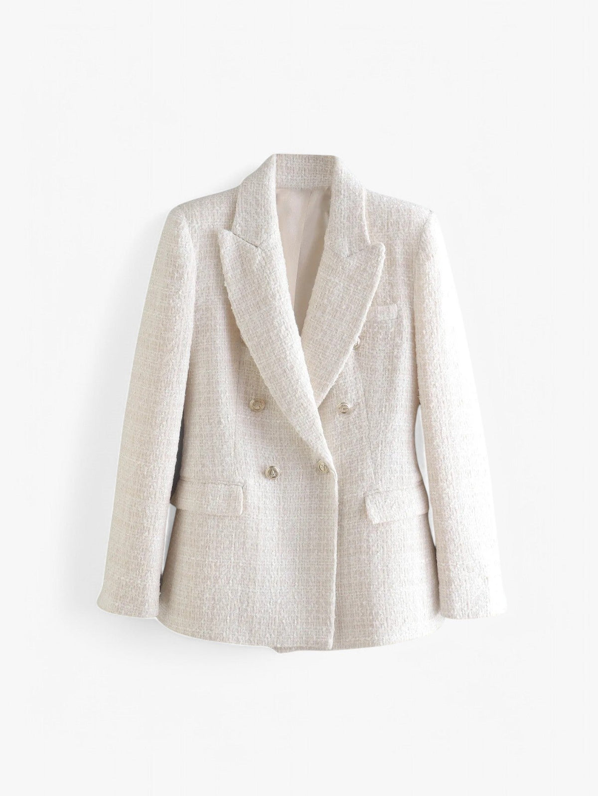 Getailleerde tweedblazer voor dames — heuplange blazer met gouden knopen