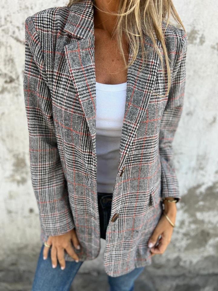 Damesblazer, geruit — elegante linnen blazer voor herfst en winter