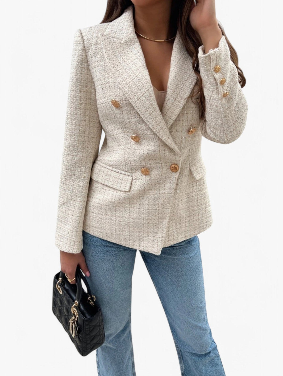 Getailleerde tweedblazer voor dames — heuplange blazer met gouden knopen