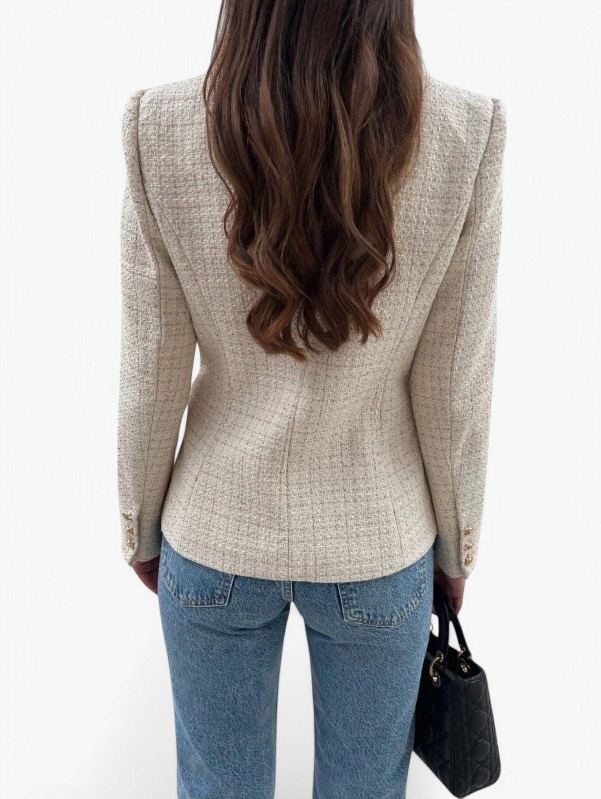 Getailleerde tweedblazer voor dames — heuplange blazer met gouden knopen