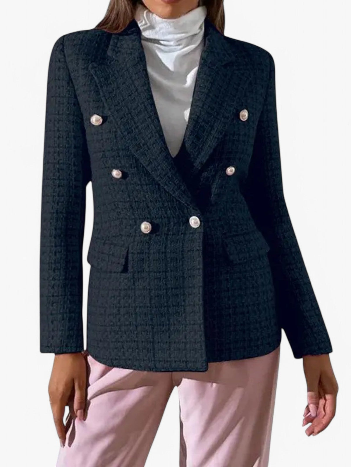 Getailleerde tweedblazer voor dames — heuplange blazer met gouden knopen