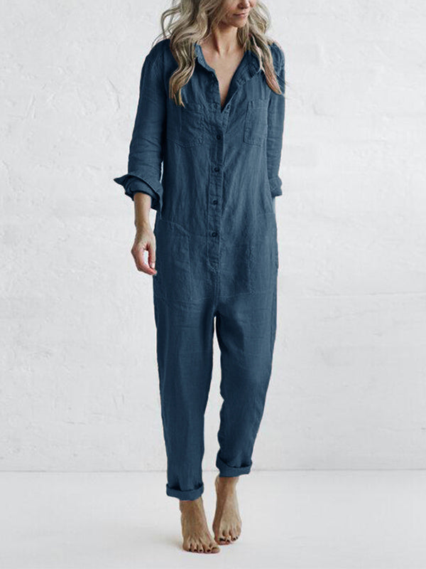 Damesjumpsuit, lange mouwen — katoenen jumpsuit met knoopsluiting en zakken