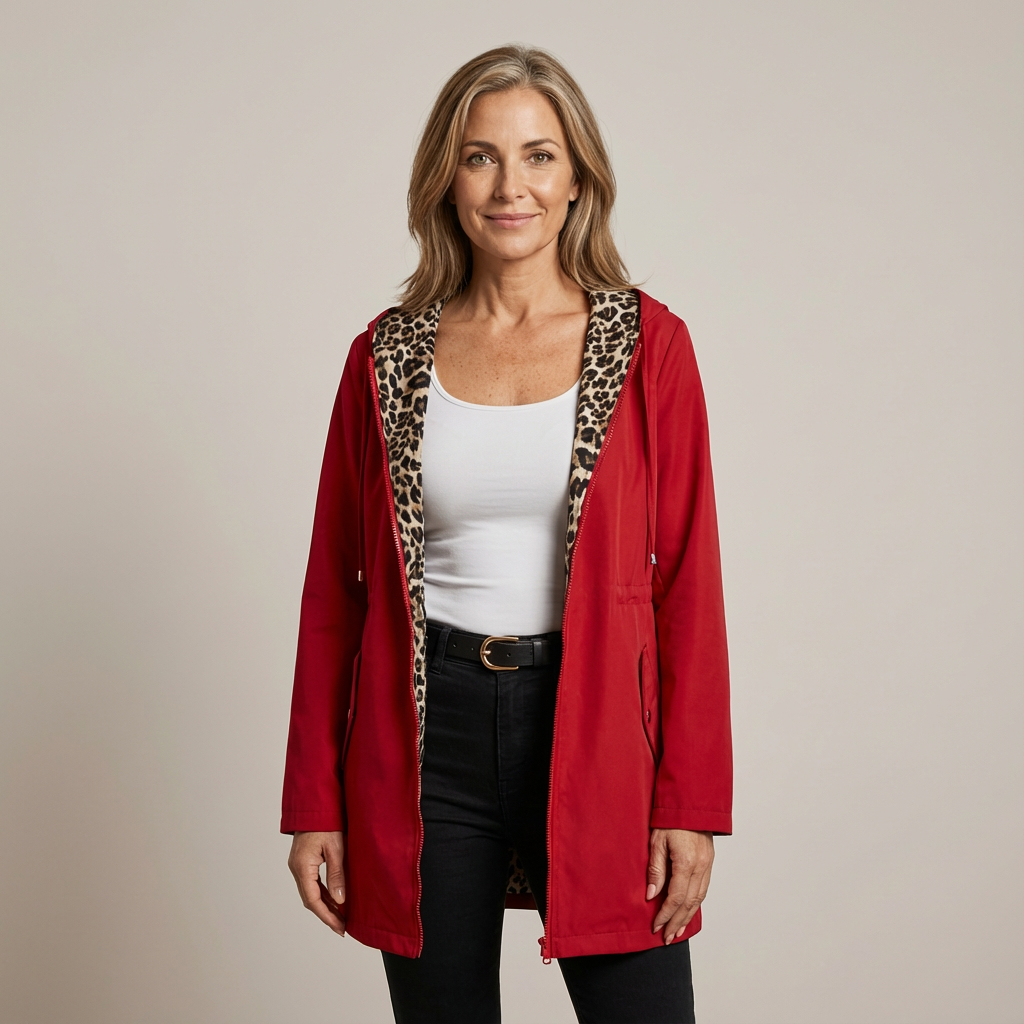Dames omkeerbare jas — zachte katoenmix met capuchon en luipaardprint
