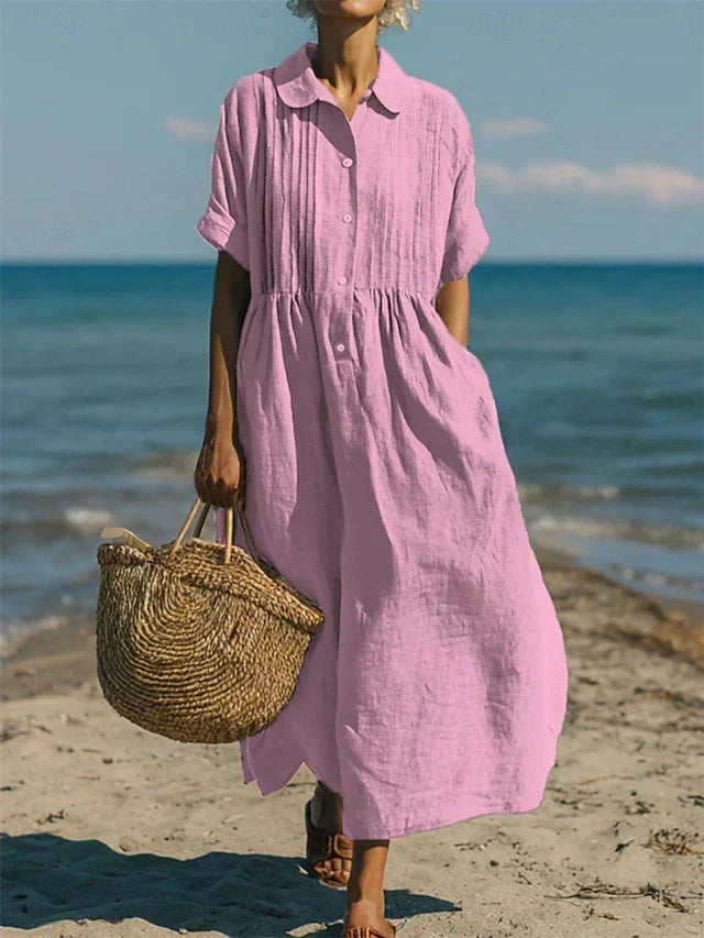 Damesoverhemdjurk — midi-jurk van katoen met kraag en knopen