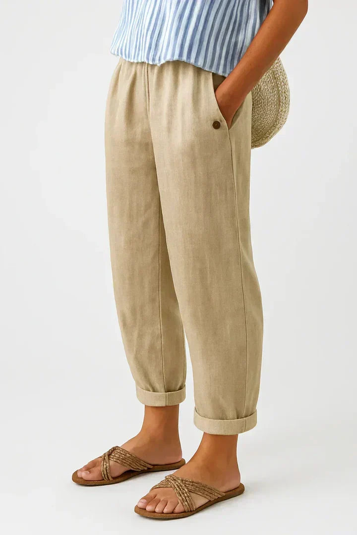 Rechte damesbroek — casual katoenen broek met elastische taille