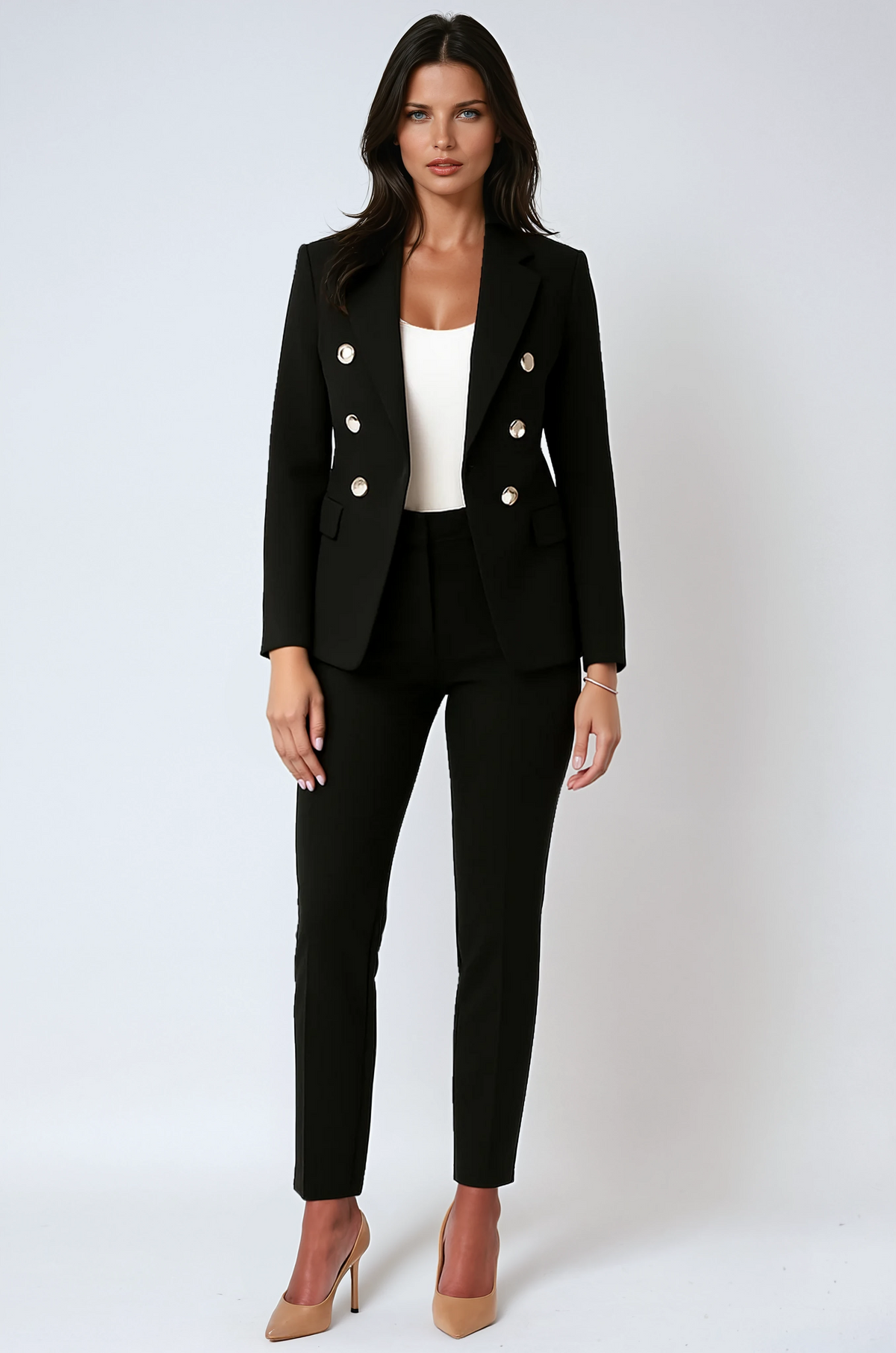 Damesblazerset, double-breasted — elegante blazer met rechte pantalon