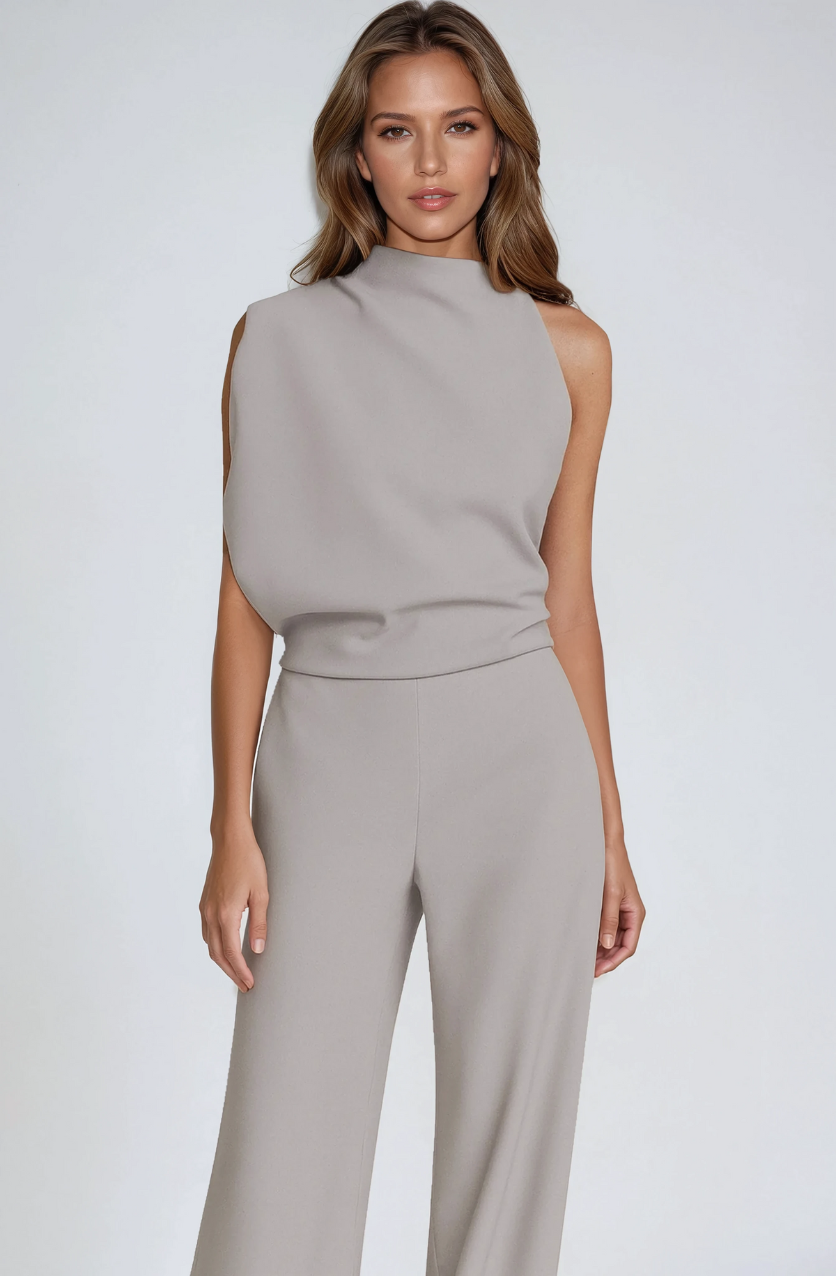 Damesjumpsuit, one-shoulder — elegante jumpsuit met wijde pijpen