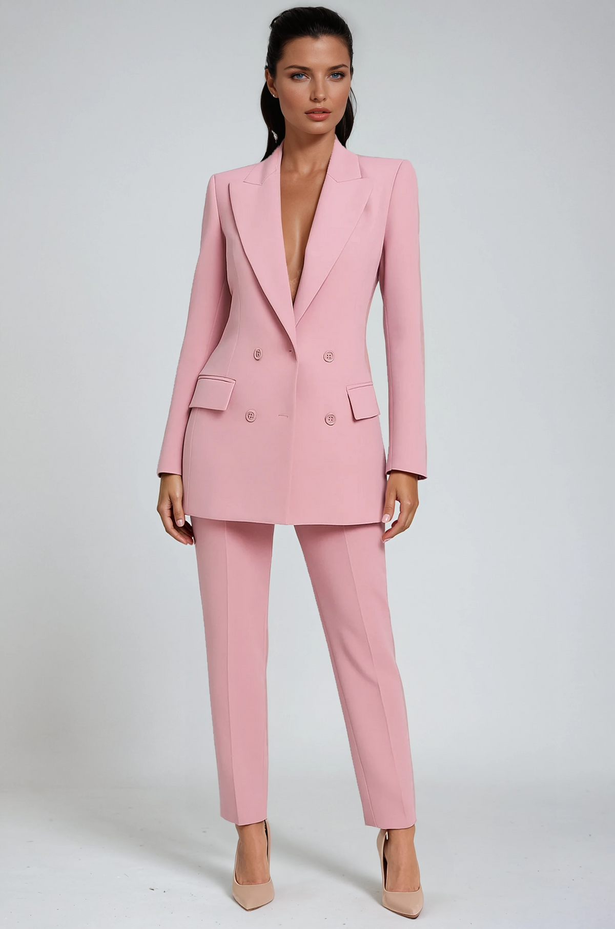 Damesblazerset, double-breasted — blazer met slim-fit pantalon van linnen