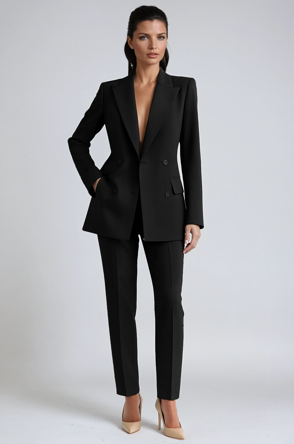 Damesblazerset, double-breasted — blazer met slim-fit pantalon van linnen