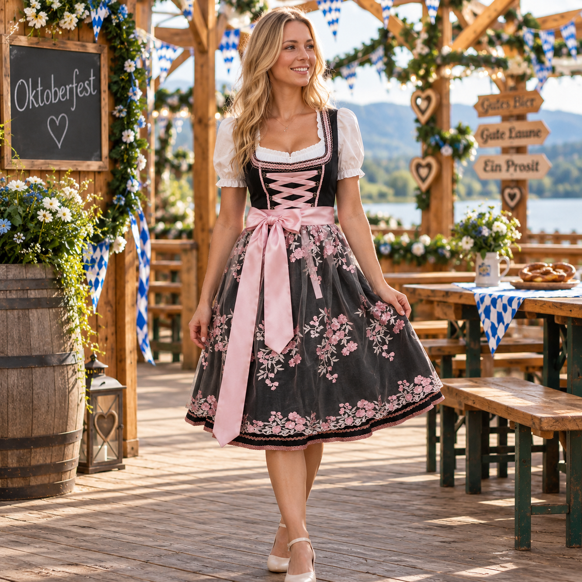 Dirndl dames met kanten lijfje — traditionele jurk met vetersluiting